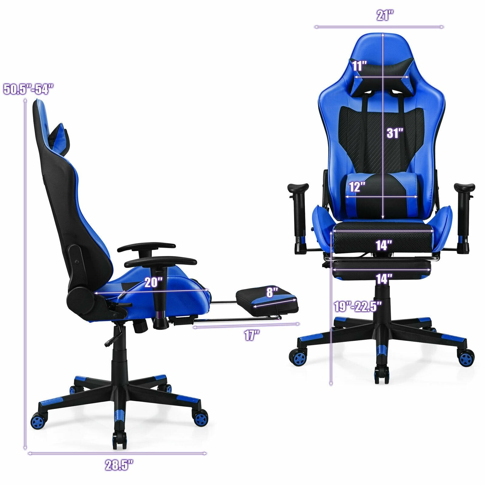 PU Leather Gaming Chair with USB Massage Lumbar Pillow and Footrest, Blue Gaming Chairs   at Gallery Canada