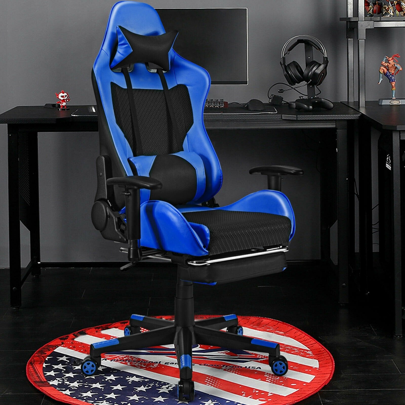 PU Leather Gaming Chair with USB Massage Lumbar Pillow and Footrest, Blue Gaming Chairs   at Gallery Canada