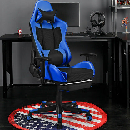 PU Leather Gaming Chair with USB Massage Lumbar Pillow and Footrest, Blue Gaming Chairs   at Gallery Canada