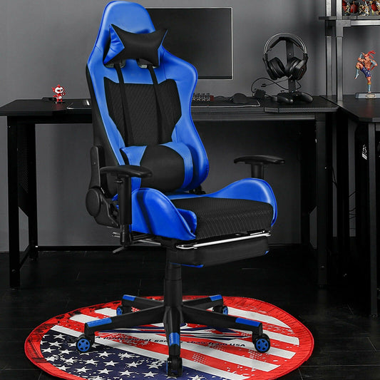 PU Leather Gaming Chair with USB Massage Lumbar Pillow and Footrest, Blue - Gallery Canada