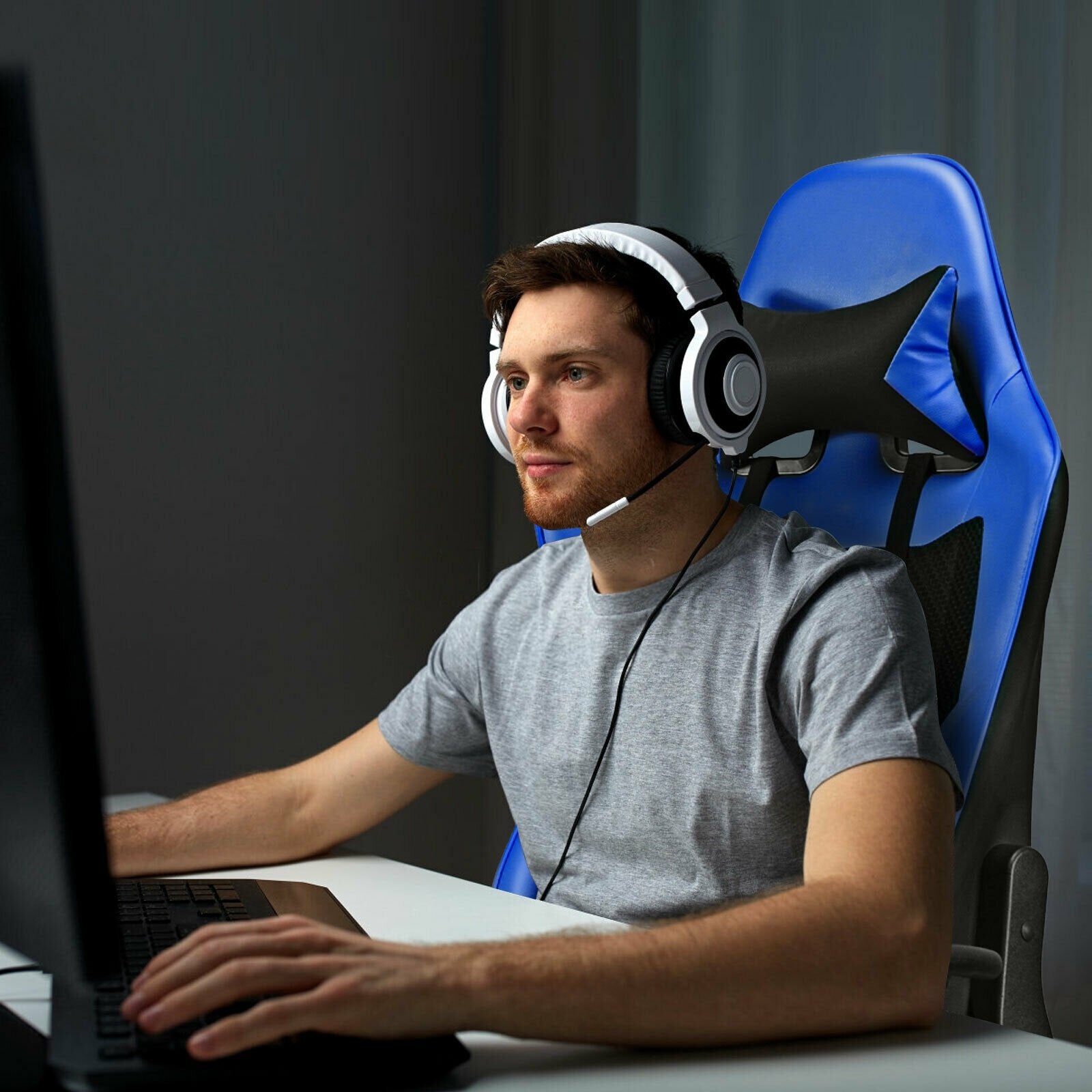 PU Leather Gaming Chair with USB Massage Lumbar Pillow and Footrest, Blue Gaming Chairs   at Gallery Canada