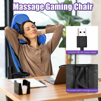 PU Leather Gaming Chair with USB Massage Lumbar Pillow and Footrest, Blue Gaming Chairs   at Gallery Canada