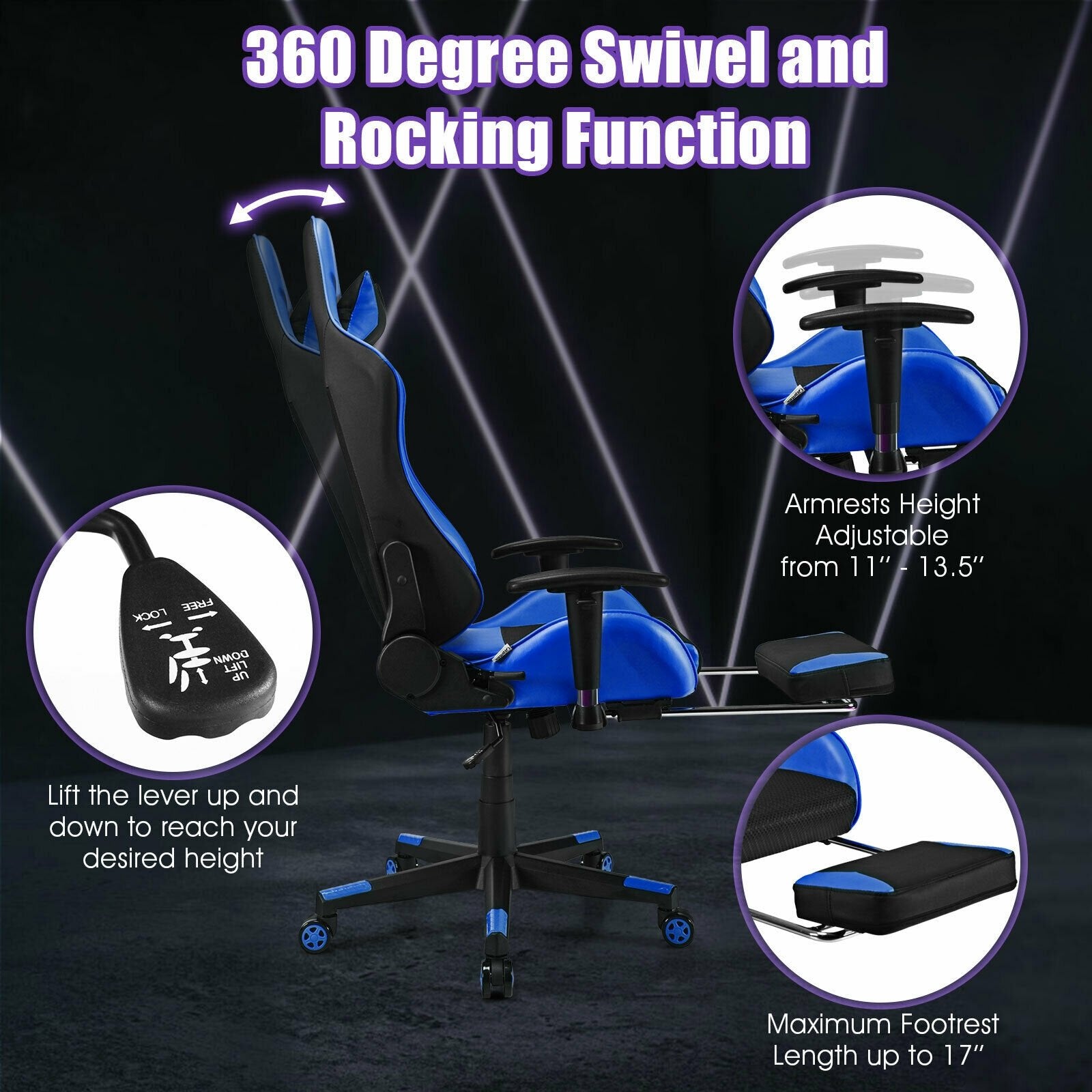 PU Leather Gaming Chair with USB Massage Lumbar Pillow and Footrest, Blue Gaming Chairs   at Gallery Canada