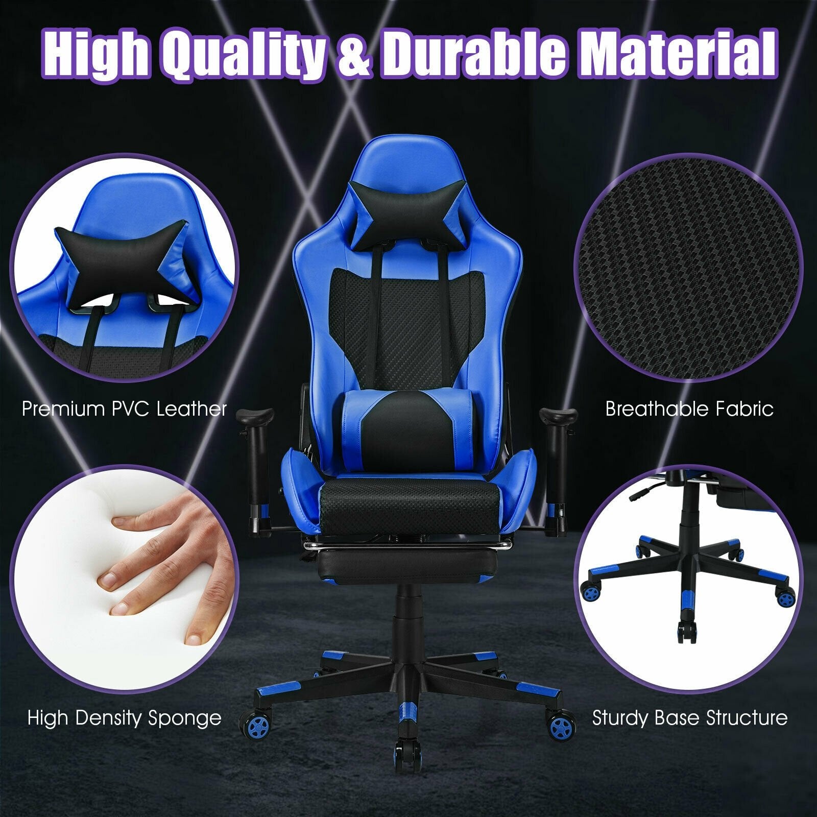 PU Leather Gaming Chair with USB Massage Lumbar Pillow and Footrest, Blue - Gallery Canada