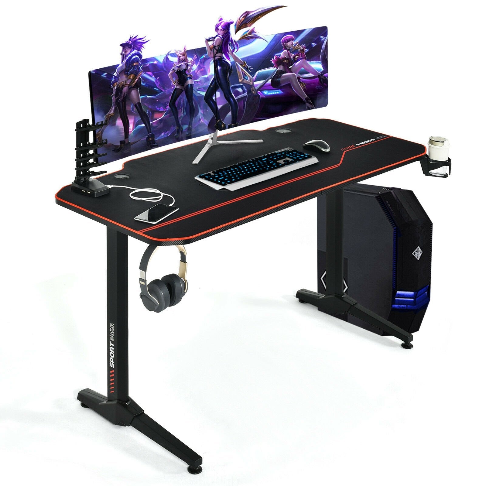 55 Inch Gaming Desk with Free Mouse Pad with Carbon Fiber Surface, Black Gaming Desks   at Gallery Canada