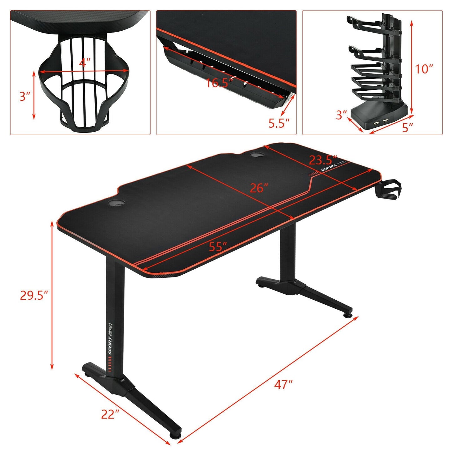 55 Inch Gaming Desk with Free Mouse Pad with Carbon Fiber Surface, Black - Gallery Canada