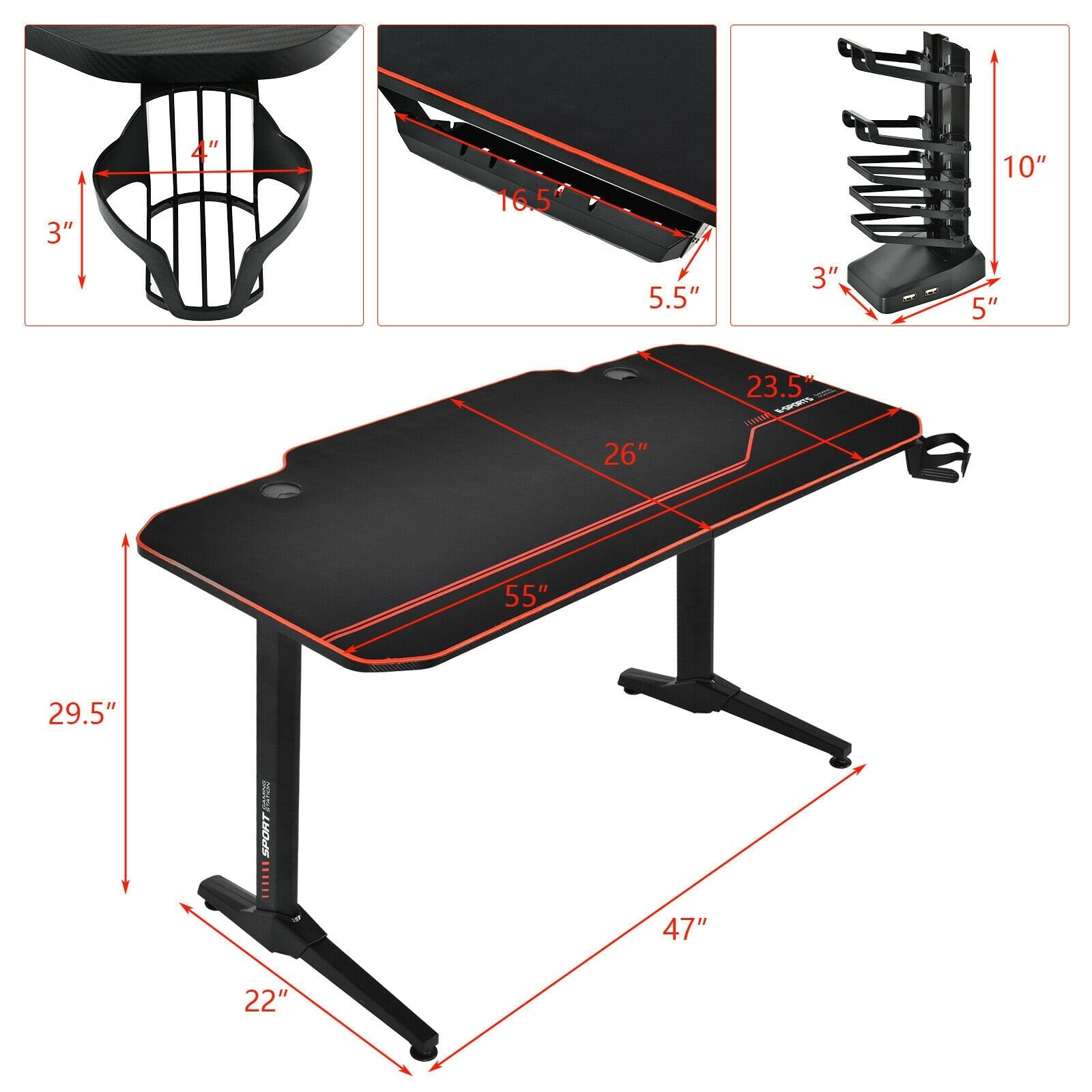 55 Inch Gaming Desk with Free Mouse Pad with Carbon Fiber Surface, Black Gaming Desks   at Gallery Canada