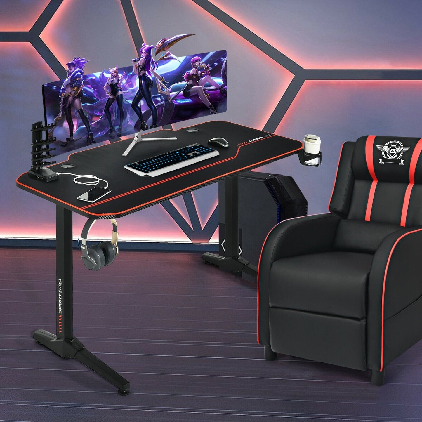 55 Inch Gaming Desk with Free Mouse Pad with Carbon Fiber Surface, Black Gaming Desks   at Gallery Canada