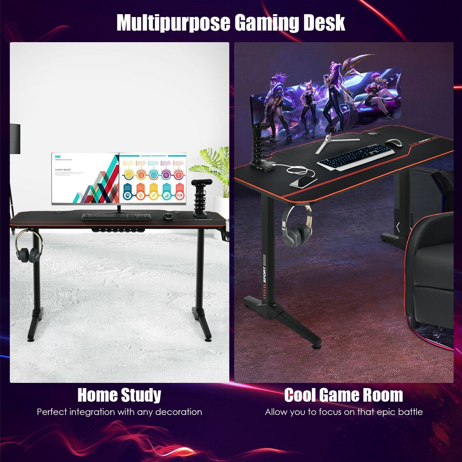 55 Inch Gaming Desk with Free Mouse Pad with Carbon Fiber Surface, Black Gaming Desks   at Gallery Canada