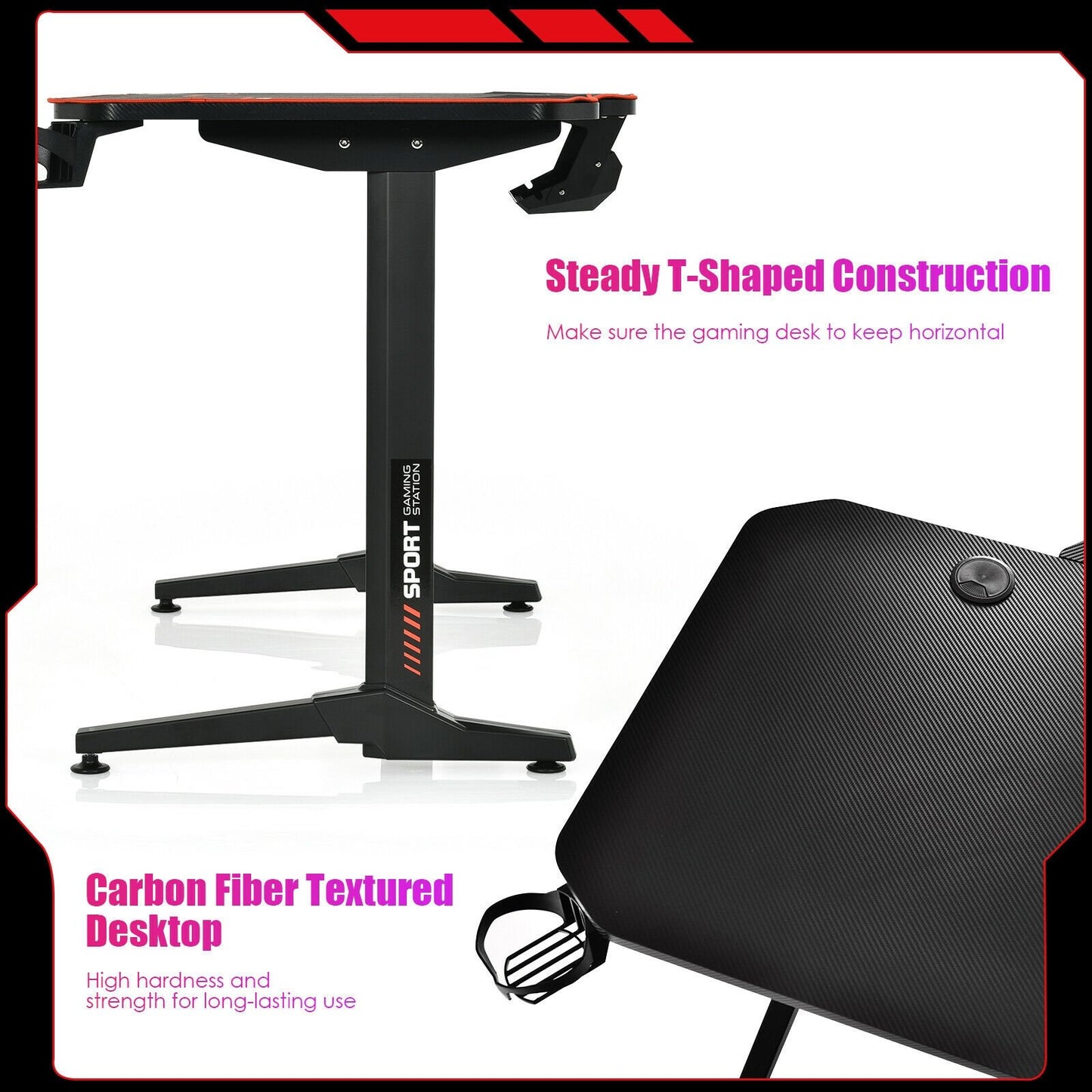 55 Inch Gaming Desk with Free Mouse Pad with Carbon Fiber Surface, Black Gaming Desks   at Gallery Canada