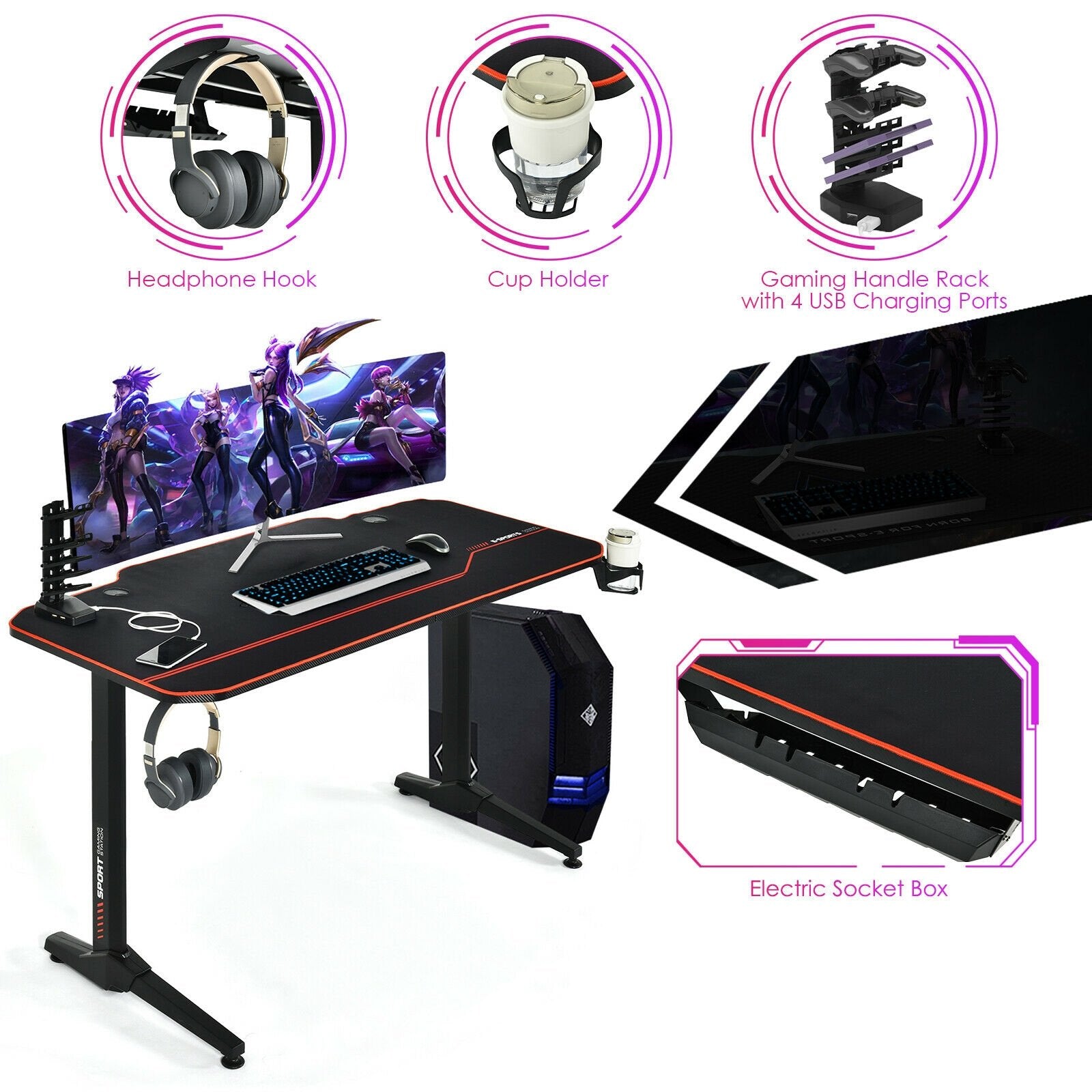 55 Inch Gaming Desk with Free Mouse Pad with Carbon Fiber Surface, Black Gaming Desks   at Gallery Canada