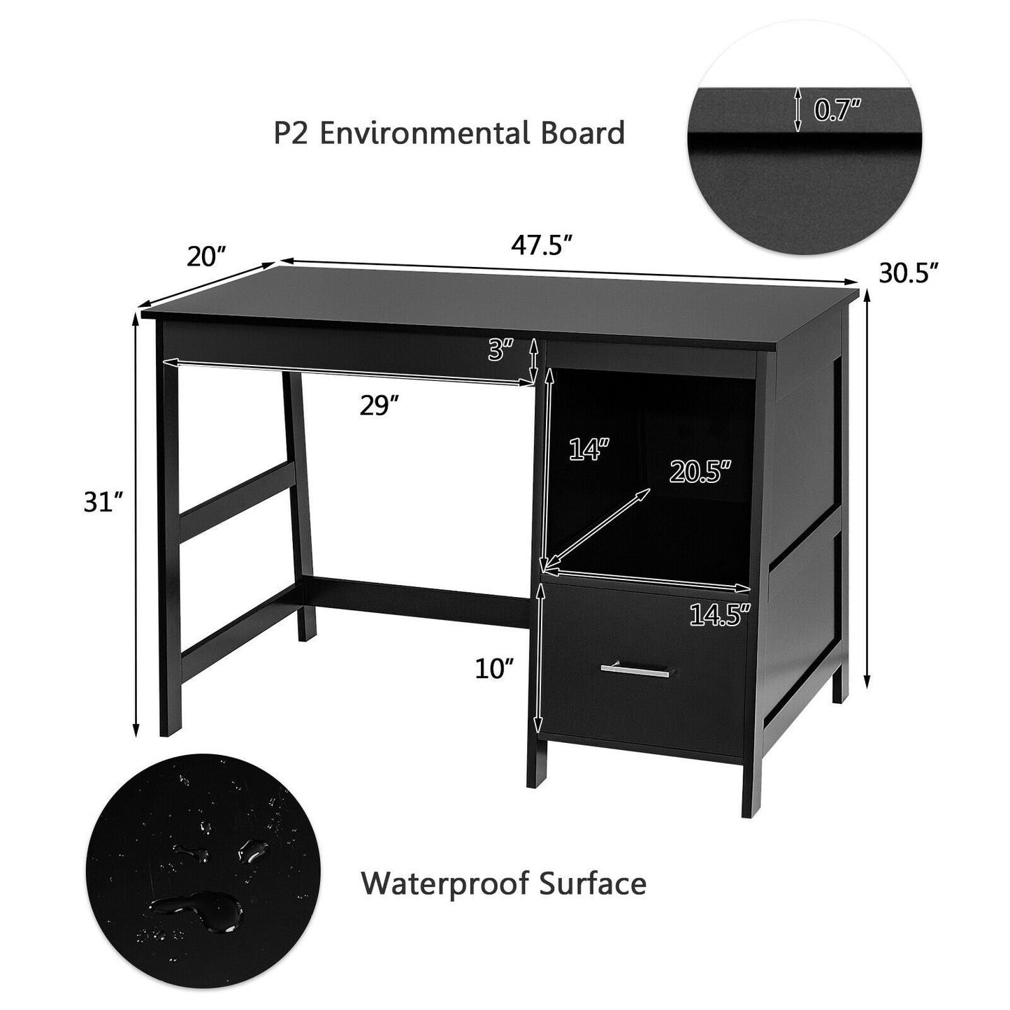 47.5 Inch Modern Home Computer Desk with 2 Storage Drawers, Black - Gallery Canada