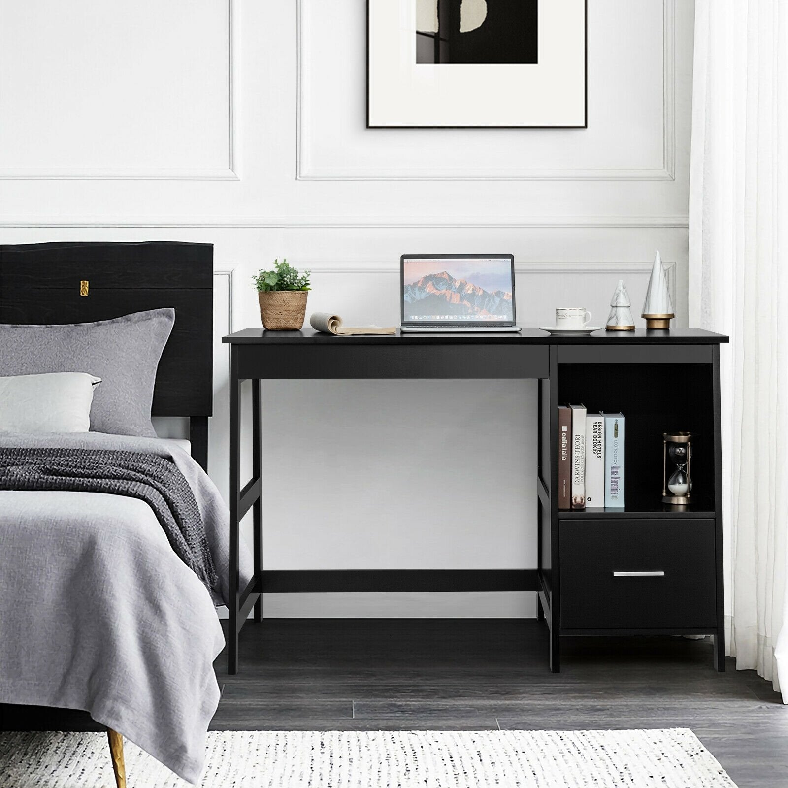 47.5 Inch Modern Home Computer Desk with 2 Storage Drawers, Black Writing Desks   at Gallery Canada