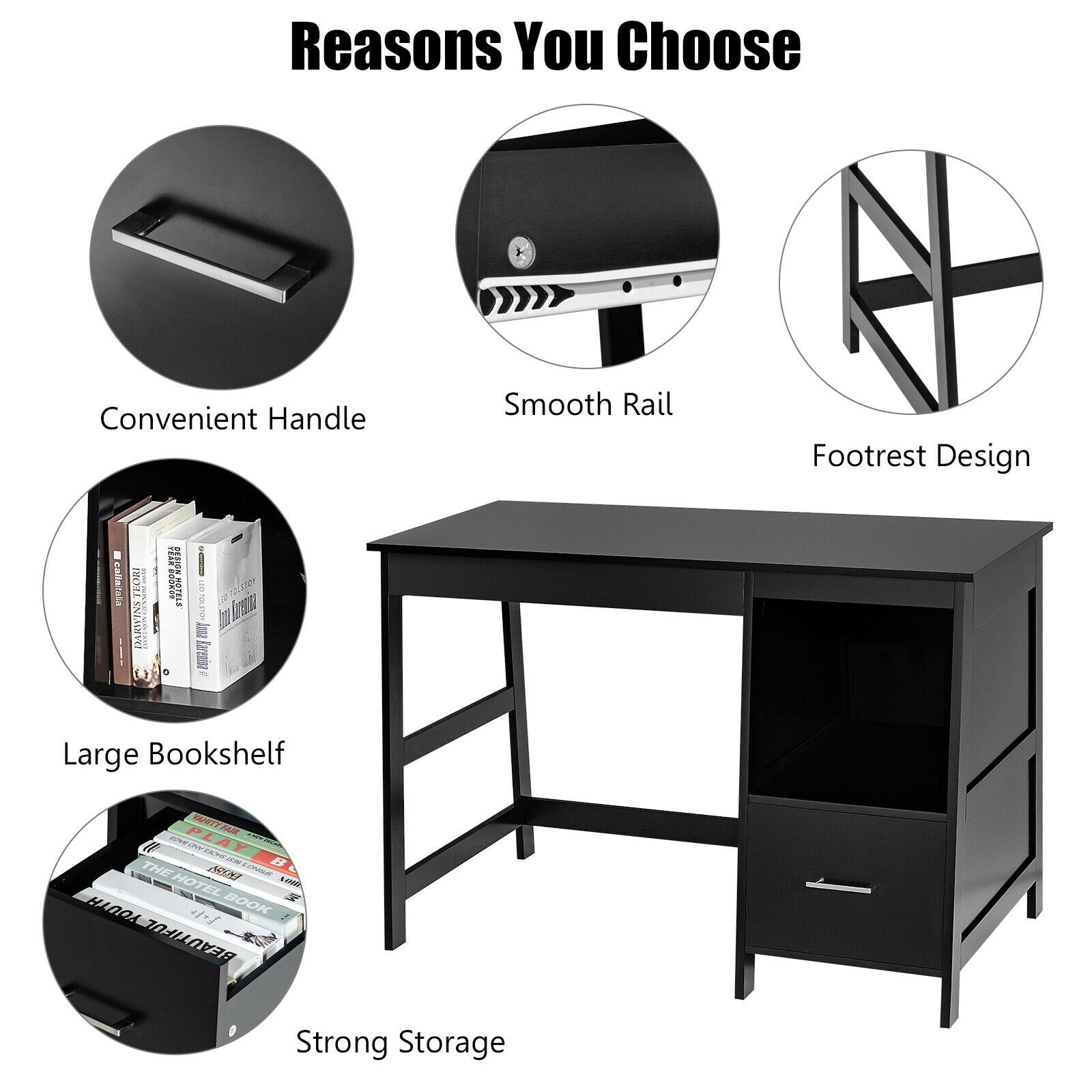 47.5 Inch Modern Home Computer Desk with 2 Storage Drawers, Black - Gallery Canada