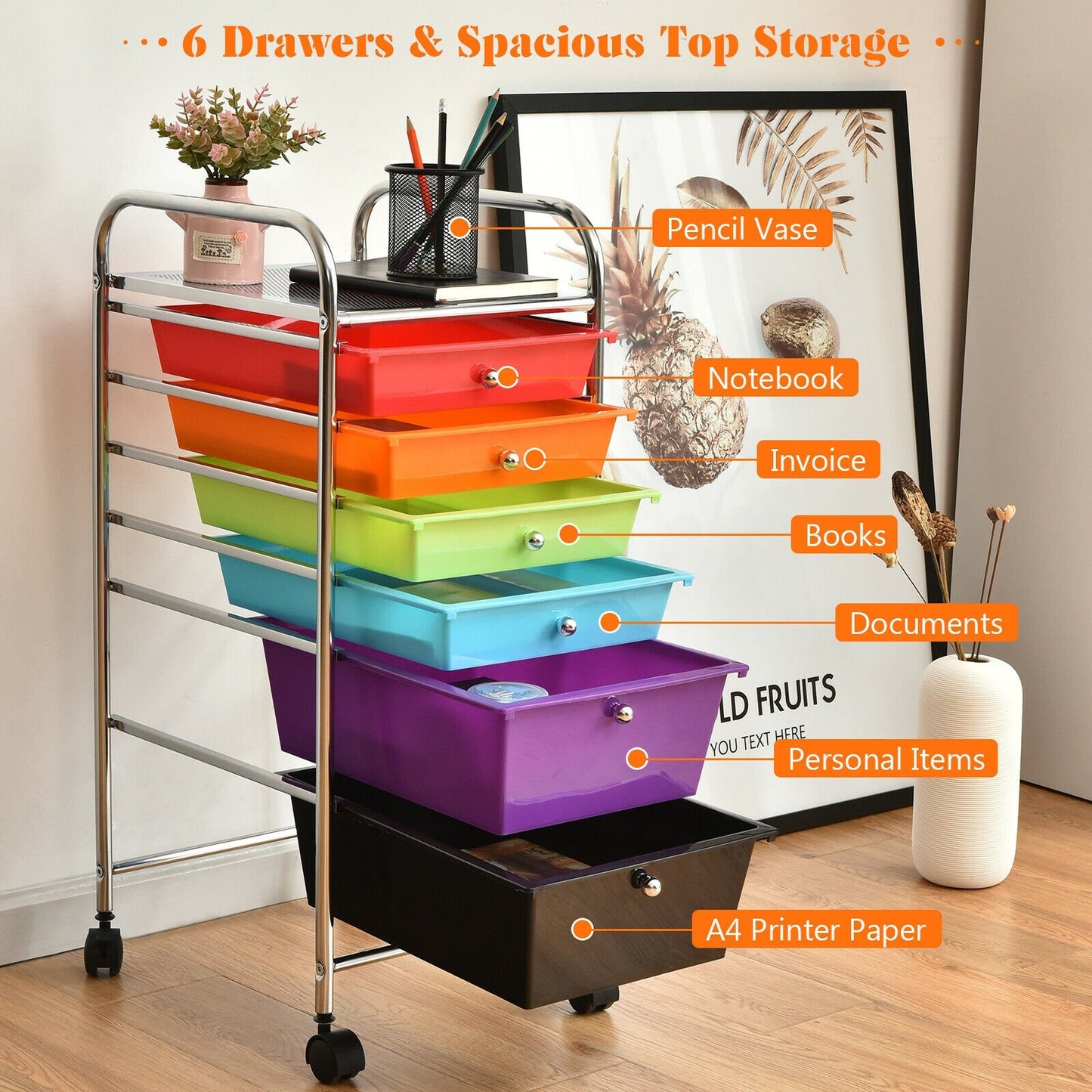 6 Drawers Rolling Storage Cart Organizer, Multicolor File Cabinets   at Gallery Canada