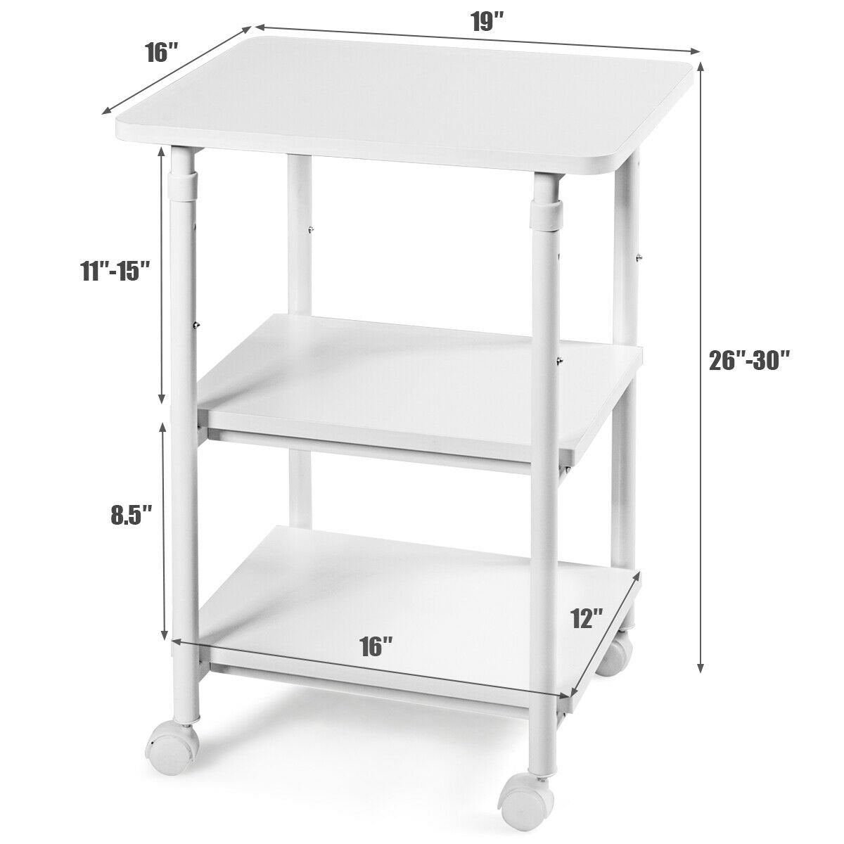 3-tier Adjustable Printer Stand with 360° Swivel Casters, White Laptop Tables & Printer Stands   at Gallery Canada