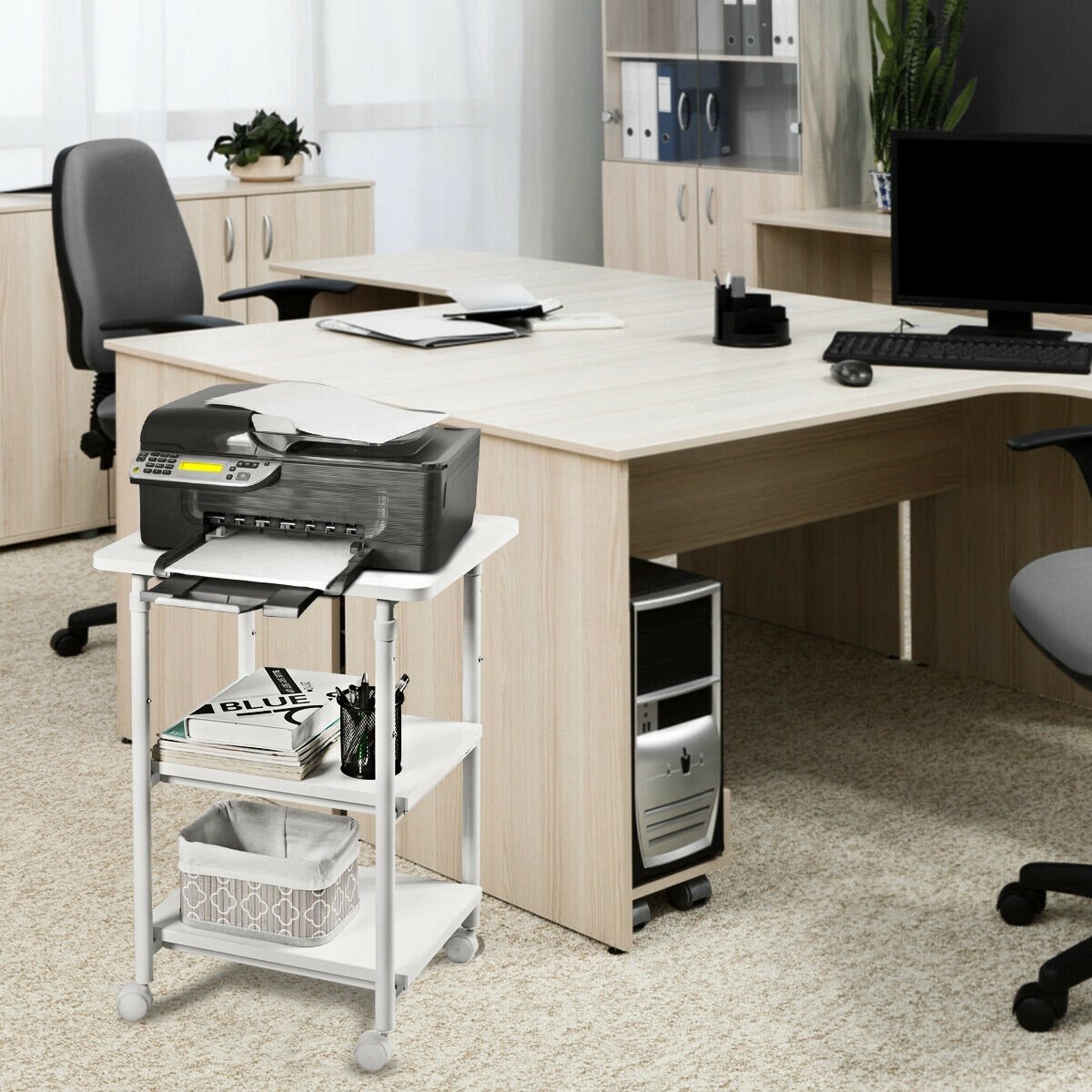 3-tier Adjustable Printer Stand with 360° Swivel Casters, White Laptop Tables & Printer Stands   at Gallery Canada