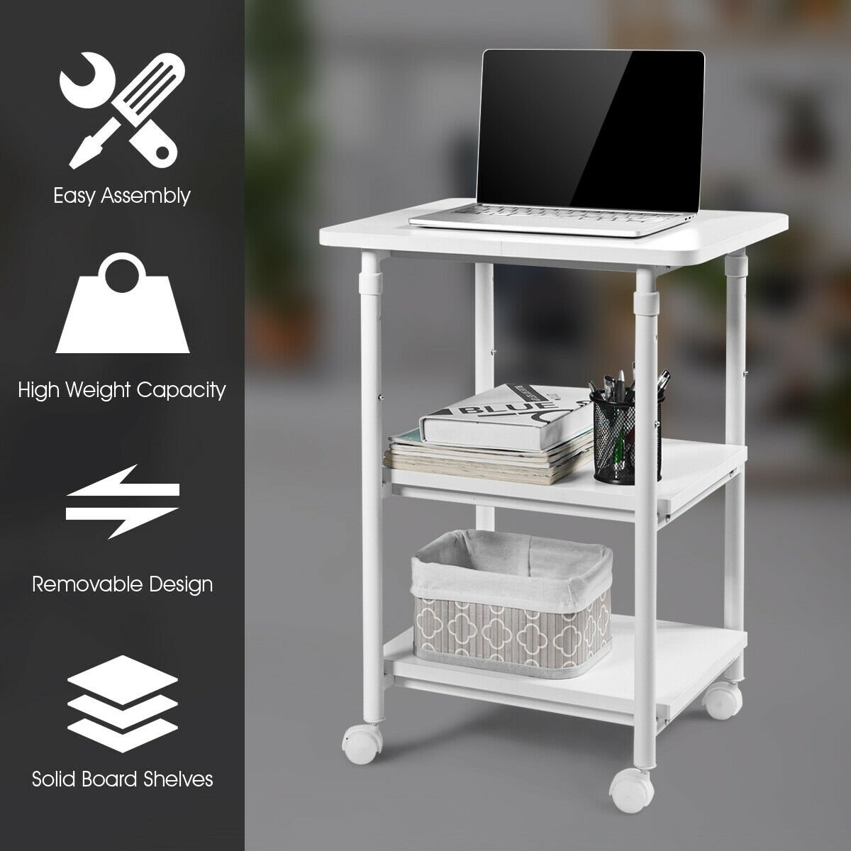 3-tier Adjustable Printer Stand with 360° Swivel Casters, White Laptop Tables & Printer Stands   at Gallery Canada