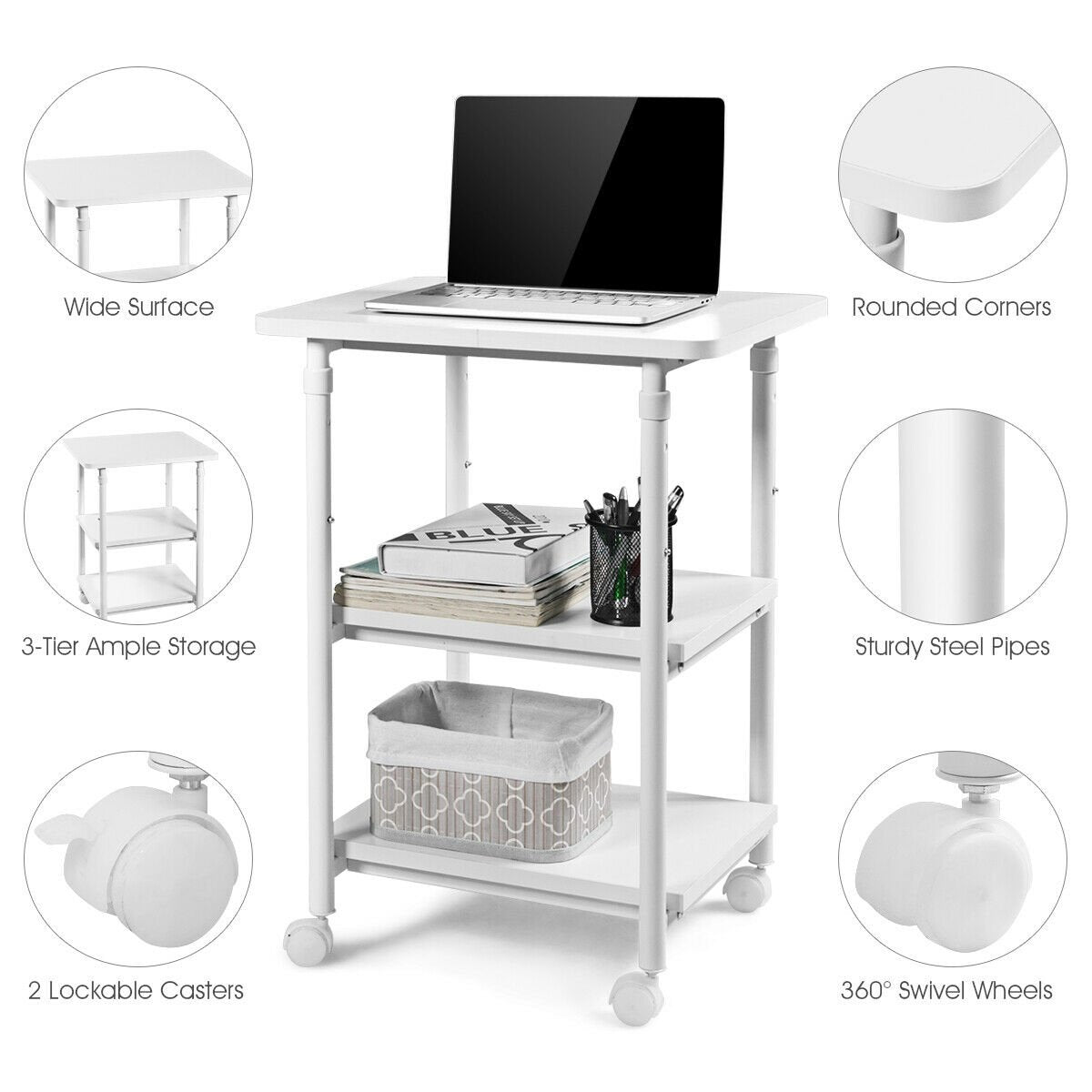 3-tier Adjustable Printer Stand with 360° Swivel Casters, White Laptop Tables & Printer Stands   at Gallery Canada