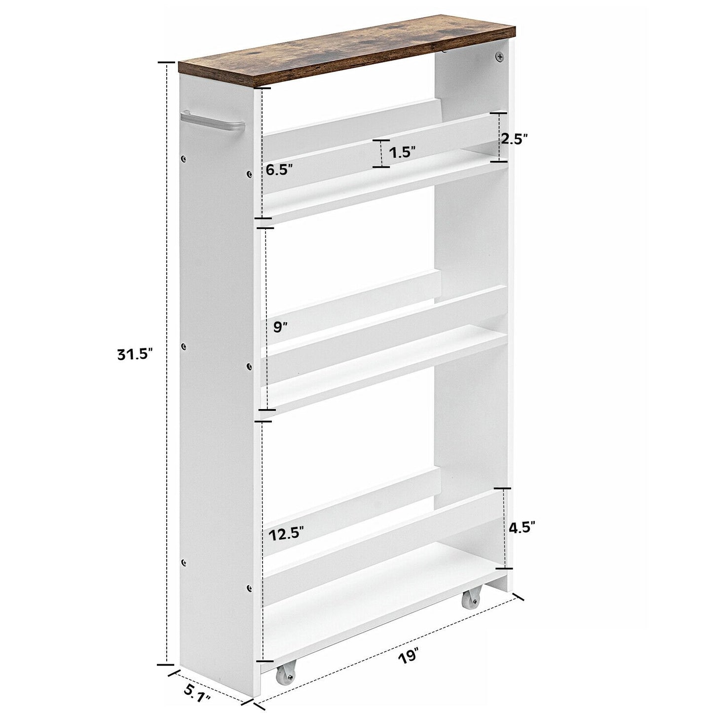 4 Tiers Rolling Slim Storage Kitchen Organizer Cart with Handle, White - Gallery Canada