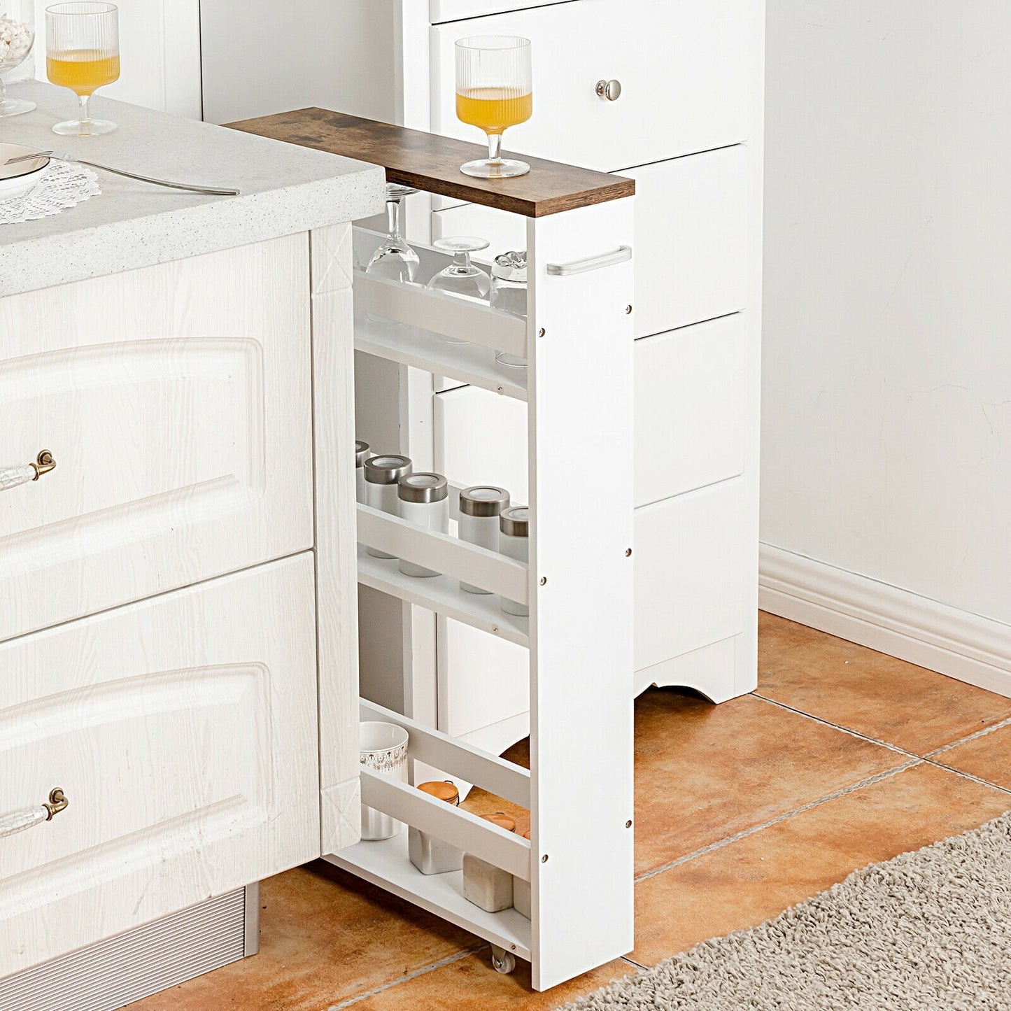 4 Tiers Rolling Slim Storage Kitchen Organizer Cart with Handle, White - Gallery Canada