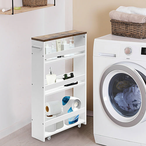 4 Tiers Rolling Slim Storage Kitchen Organizer Cart with Handle, White