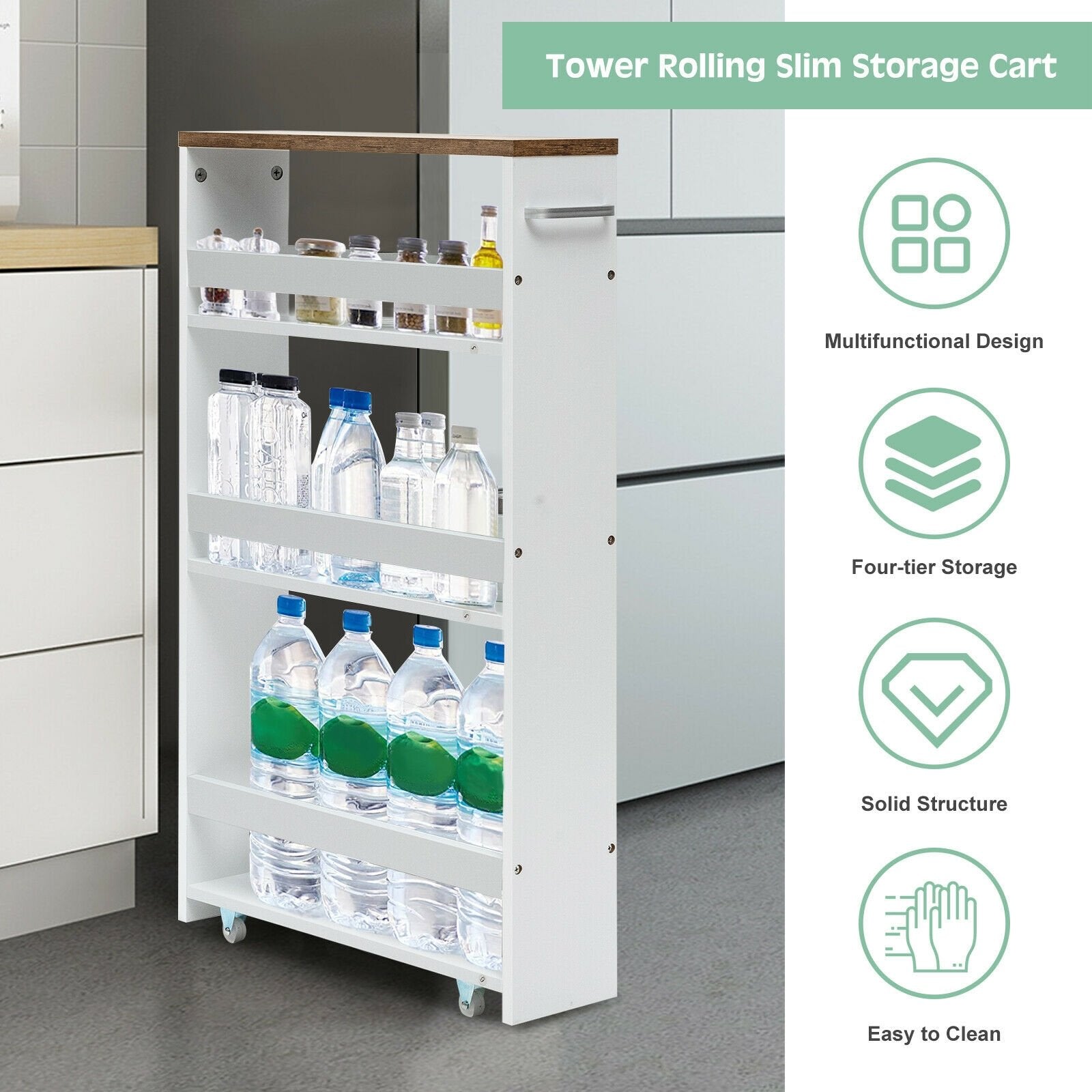 4 Tiers Rolling Slim Storage Kitchen Organizer Cart with Handle, White Kitchen Islands & Carts   at Gallery Canada