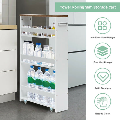 4 Tiers Rolling Slim Storage Kitchen Organizer Cart with Handle, White - Gallery Canada