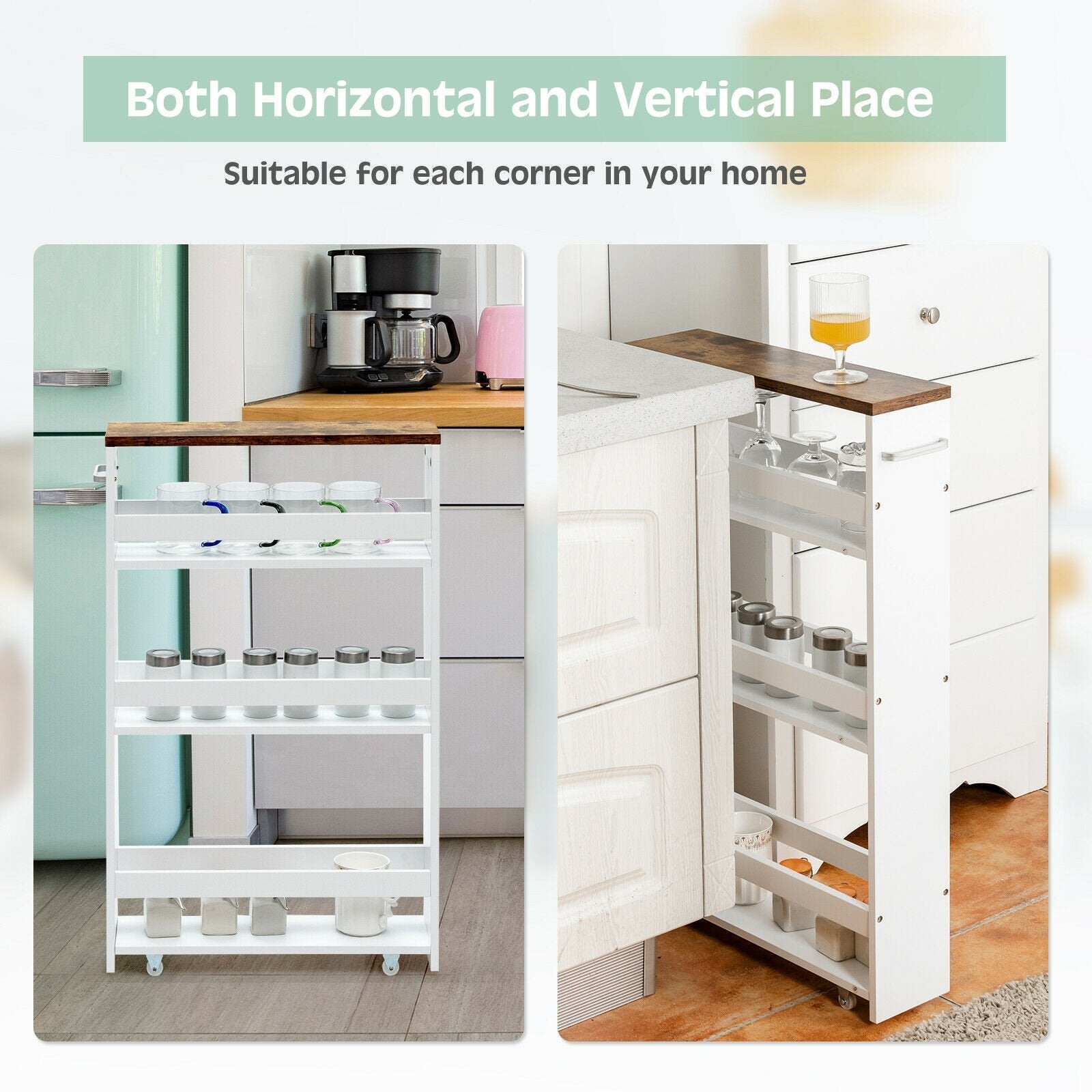 4 Tiers Rolling Slim Storage Kitchen Organizer Cart with Handle, White Kitchen Islands & Carts   at Gallery Canada