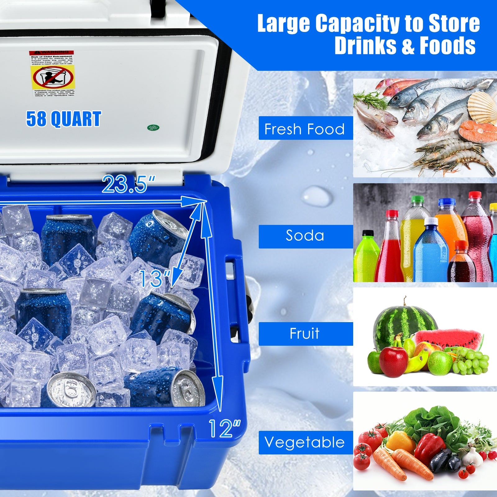 58 Quart Leak-Proof Portable Cooler Ice Box for Camping, Blue Coolers at Gallery Canada