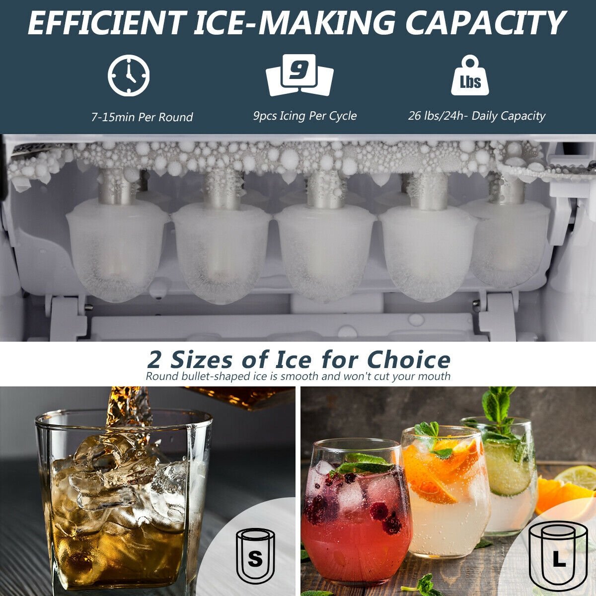 Stainless Steel 26 lbs/24 H Self-Clean Countertop Ice Maker Machine, Silver Ice Makers   at Gallery Canada