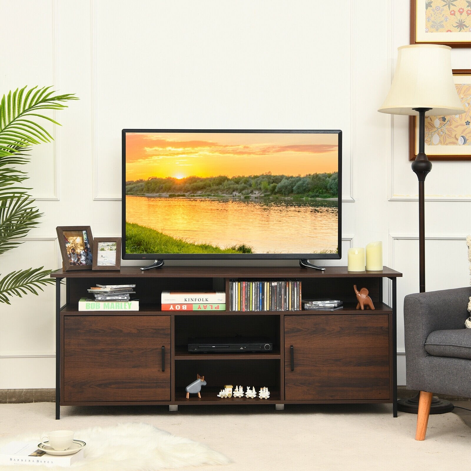 58 Inch Wood TV Stand Entertainment Media Center Console with Storage Cabinet, Brown - Gallery Canada
