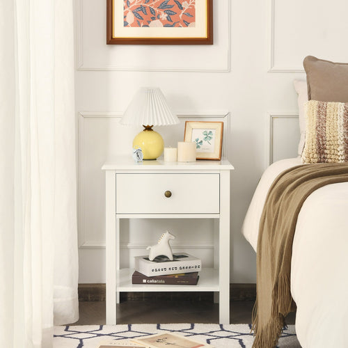 Nightstand End Table with Drawer and Shelf, White