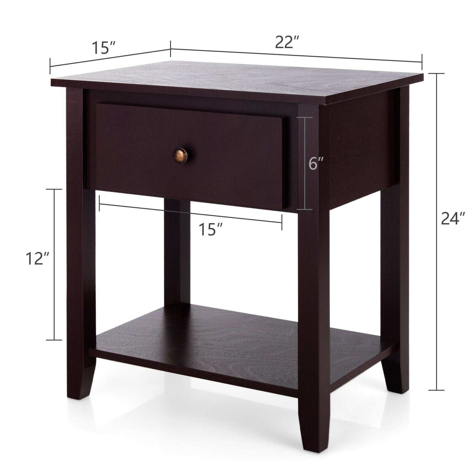 Nightstand with Drawer and Storage Shelf for Bedroom Living Room, Dark Brown - Gallery Canada
