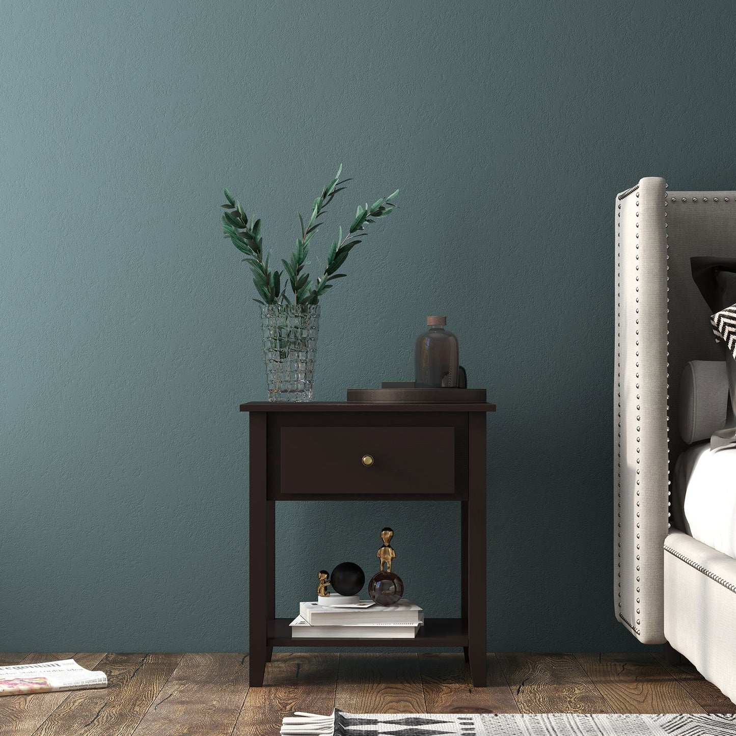 Nightstand with Drawer and Storage Shelf for Bedroom Living Room, Dark Brown - Gallery Canada