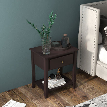 Nightstand with Drawer and Storage Shelf for Bedroom Living Room, Dark Brown - Gallery Canada