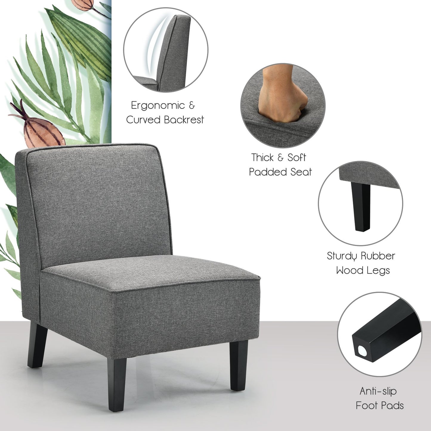 Single Fabric Modern Armless Accent Sofa Chair with Rubber Wood Legs, Gray Accent Chairs   at Gallery Canada