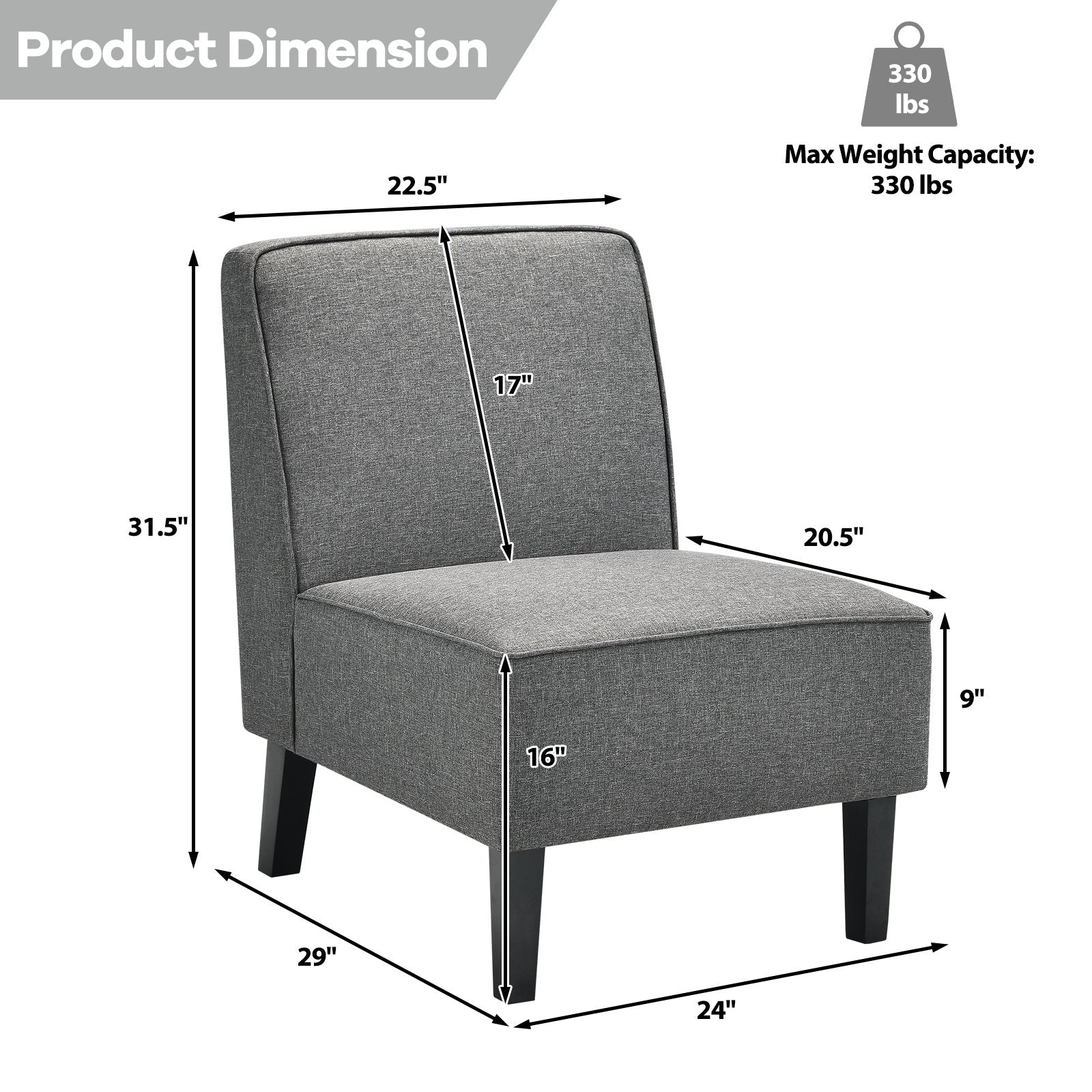 Single Fabric Modern Armless Accent Sofa Chair with Rubber Wood Legs, Gray Accent Chairs   at Gallery Canada