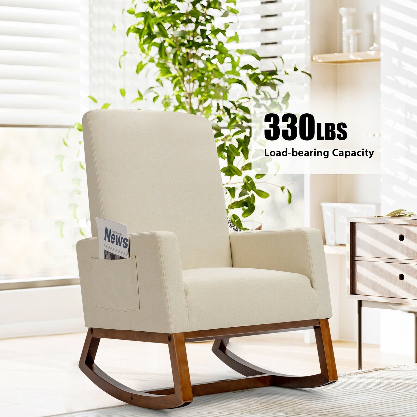 Rocking High Back Upholstered Lounge Armchair with Side Pocket, Beige Accent Chairs   at Gallery Canada