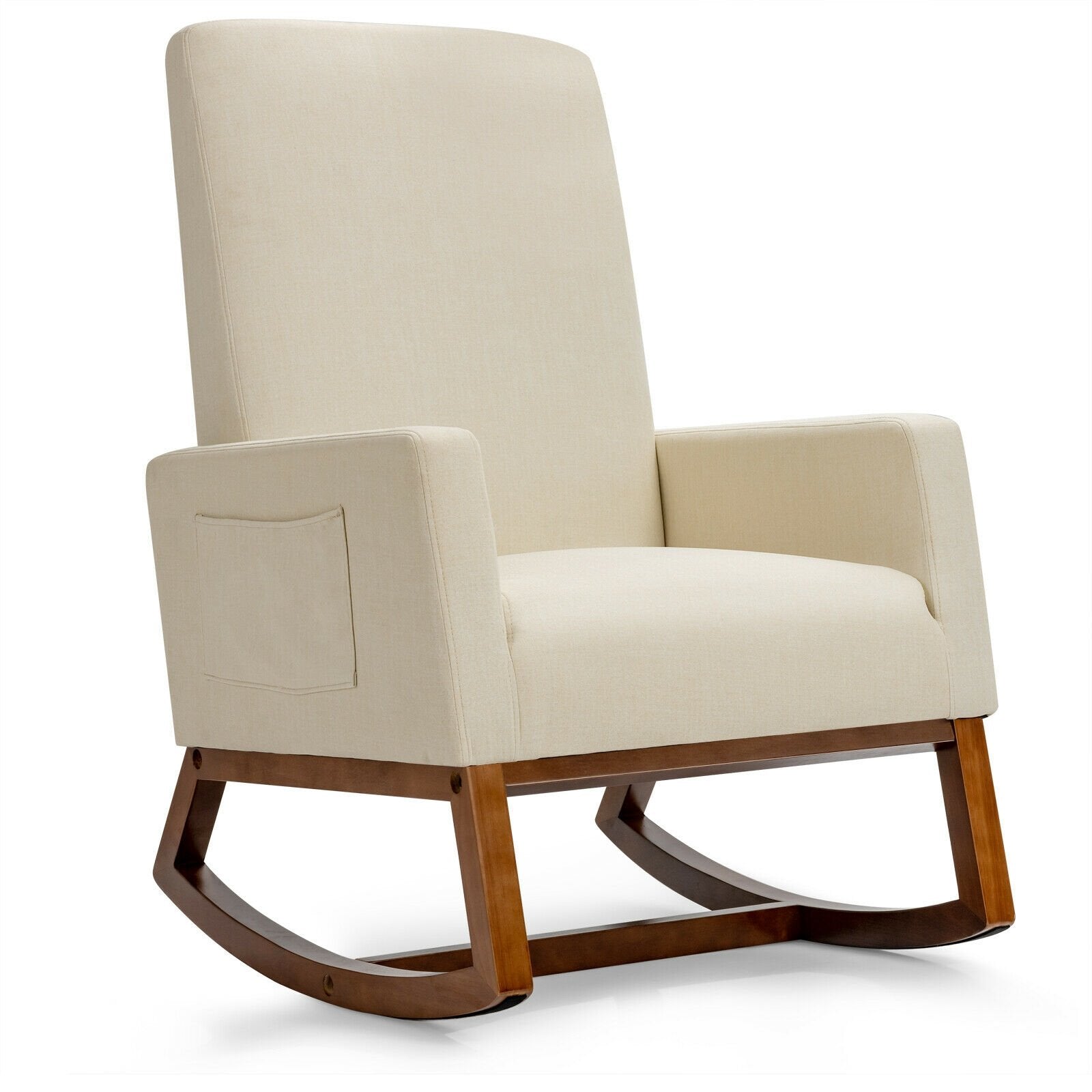 Rocking High Back Upholstered Lounge Armchair with Side Pocket, Beige Accent Chairs   at Gallery Canada