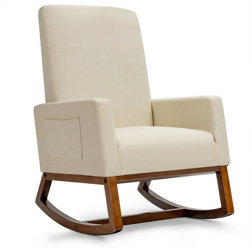 Rocking High Back Upholstered Lounge Armchair with Side Pocket, Beige