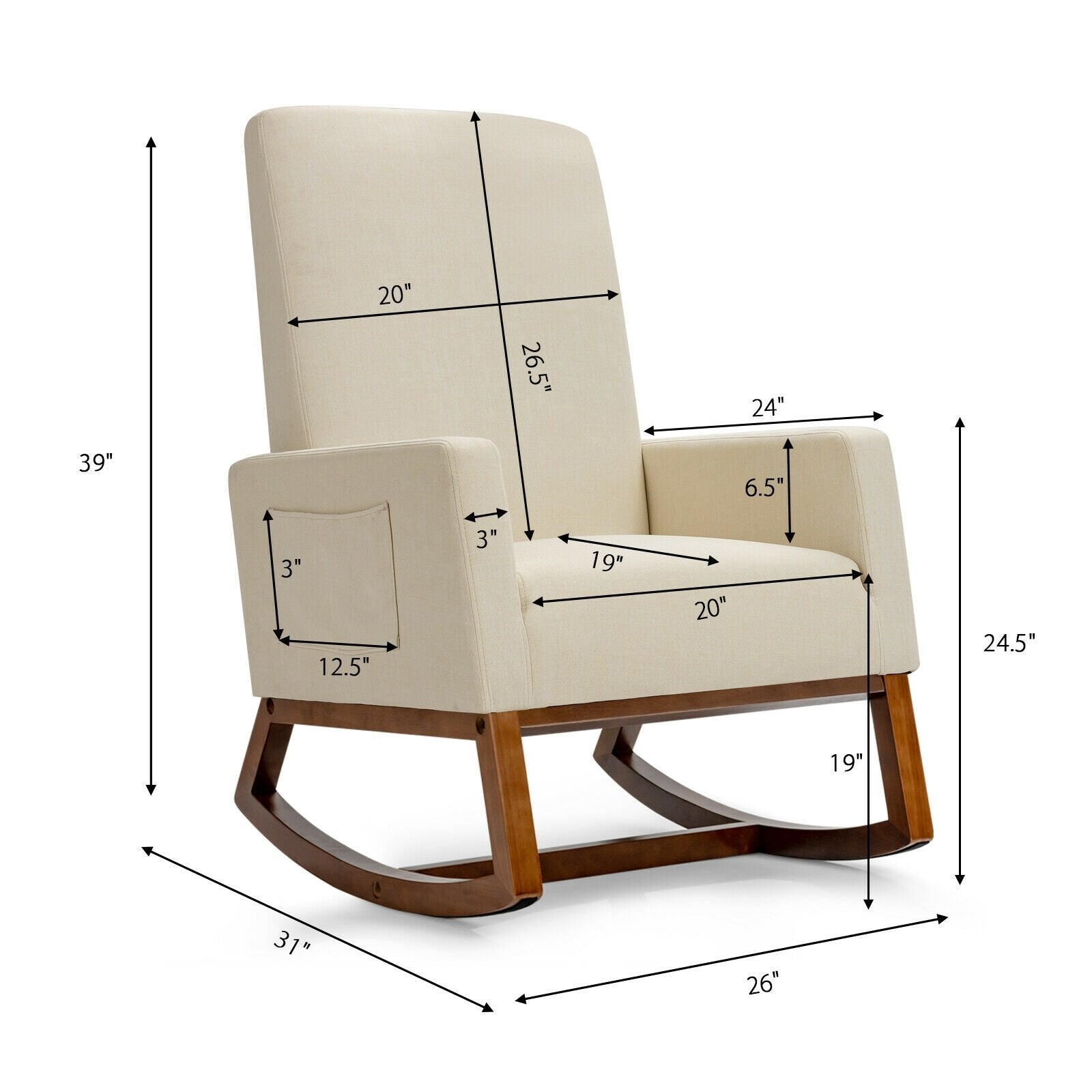 Rocking High Back Upholstered Lounge Armchair with Side Pocket, Beige Accent Chairs   at Gallery Canada