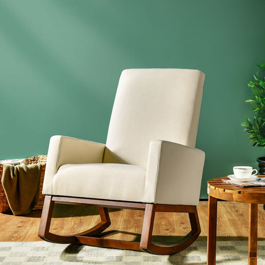 Rocking High Back Upholstered Lounge Armchair with Side Pocket, Beige Accent Chairs   at Gallery Canada