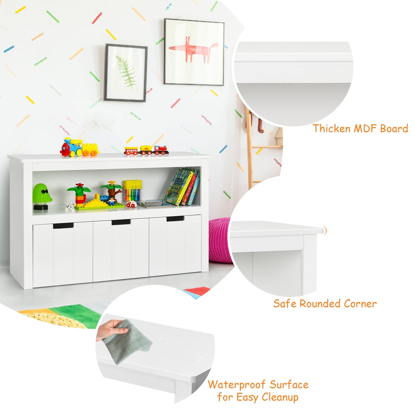 Kid Toy Storage Cabinet 3 Drawer Chest with Wheels Large Storage Cube Shelf-White\, White Kids Storage   at Gallery Canada