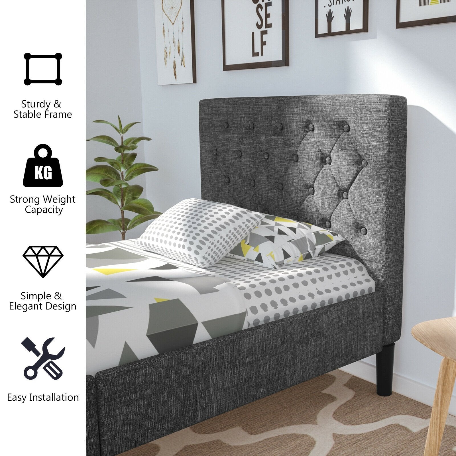 Upholstered Bed Base with Button Stitched Headboard, Black Simple Bed Frame   at Gallery Canada