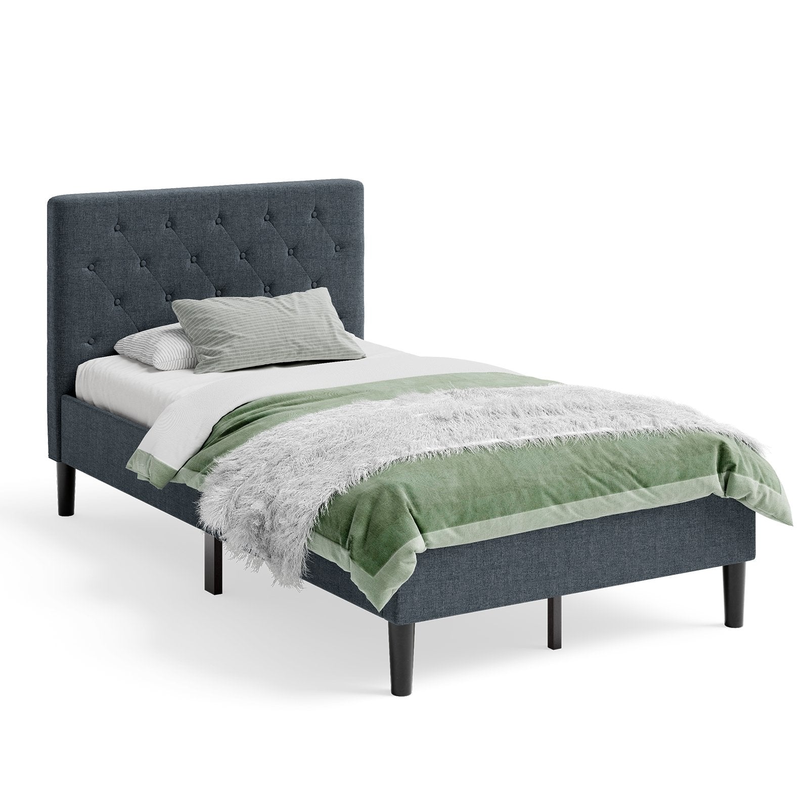 Upholstered Bed Base with Button Stitched Headboard, Black Simple Bed Frame   at Gallery Canada