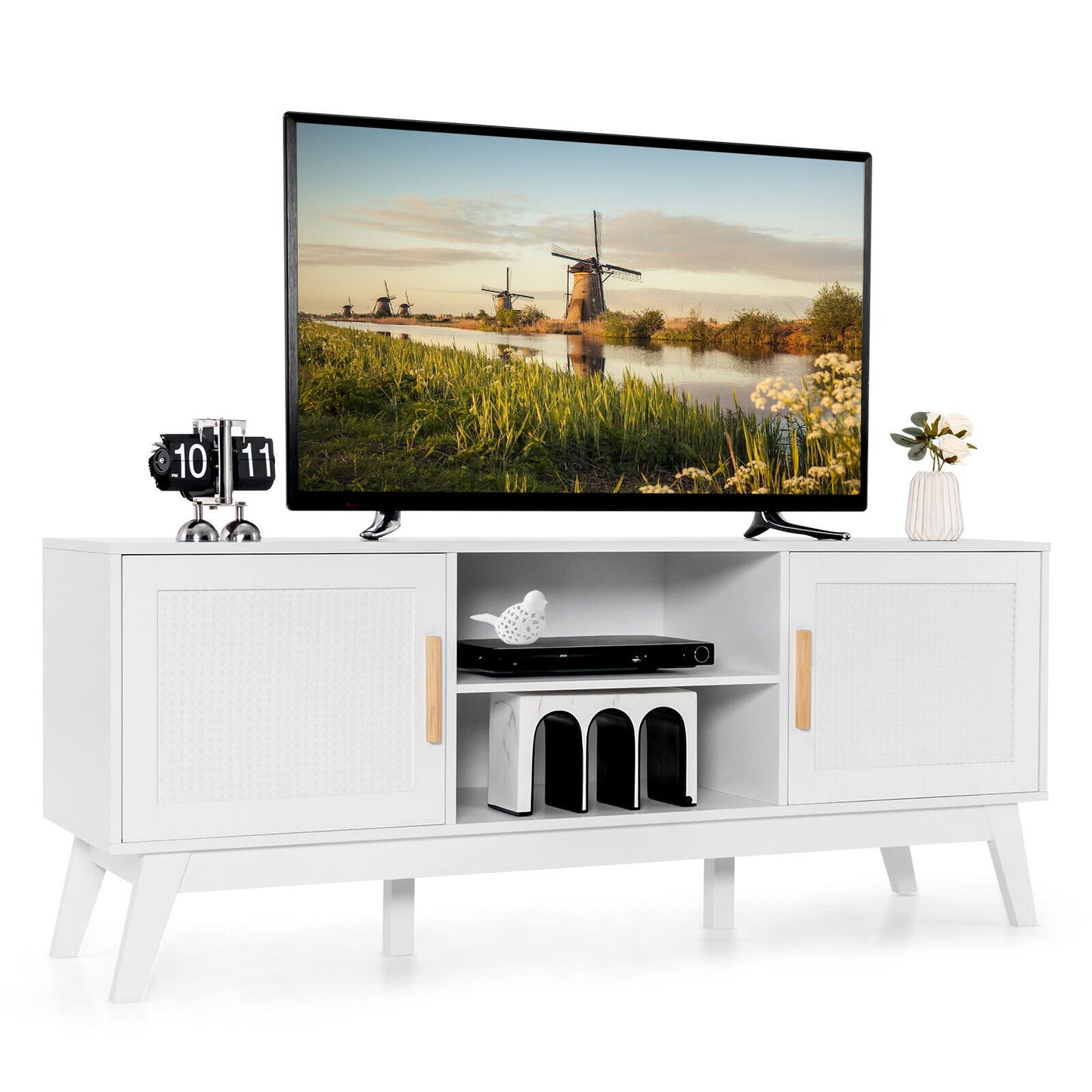 TV Stand Entertainment Media Console with 2 Rattan Cabinets and Open Shelves, White Entertainment Centers & TV Stands   at Gallery Canada