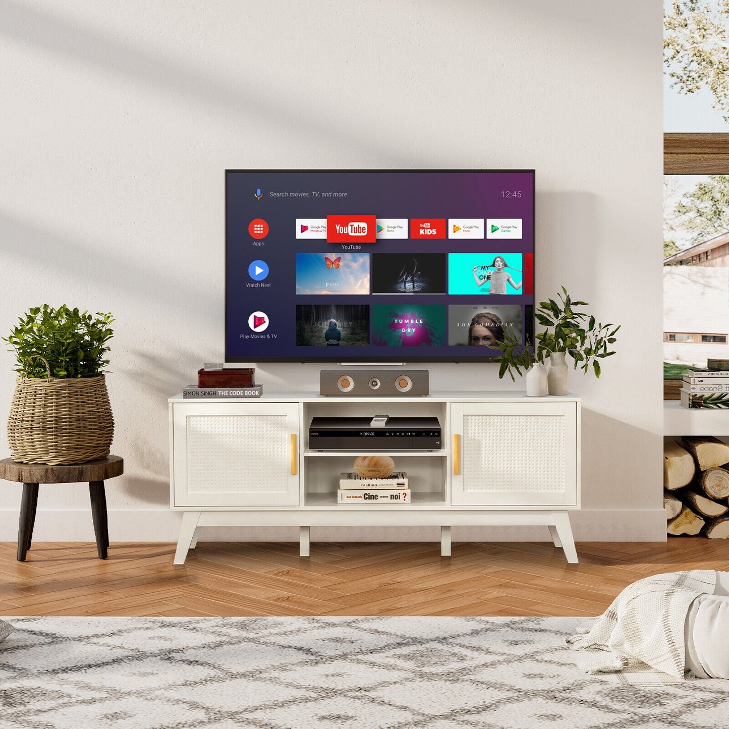 TV Stand Entertainment Media Console with 2 Rattan Cabinets and Open Shelves, White Entertainment Centers & TV Stands   at Gallery Canada