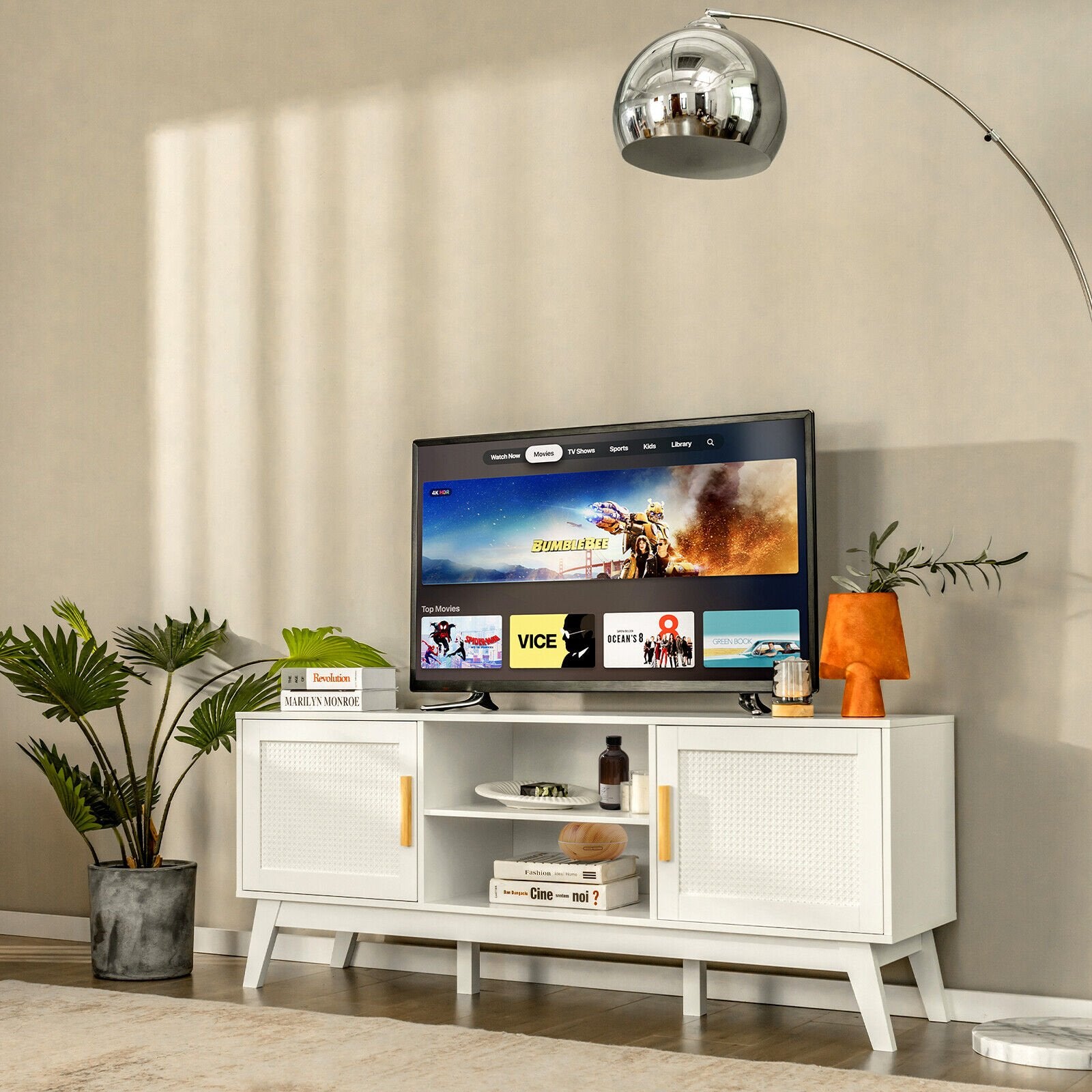 TV Stand Entertainment Media Console with 2 Rattan Cabinets and Open Shelves, White - Gallery Canada