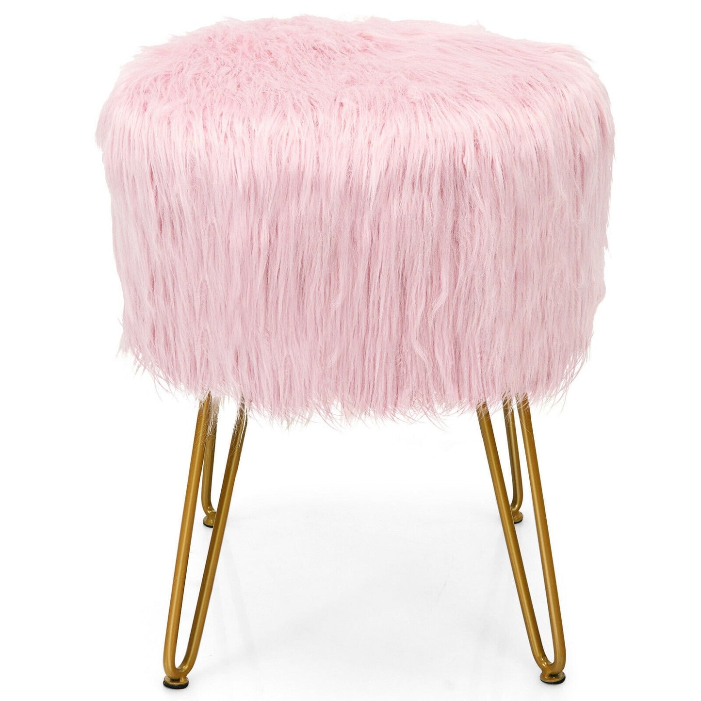 Faux Fur Vanity Stool Chair with Metal Legs for Bedroom and Living Room, Pink Ottomans   at Gallery Canada